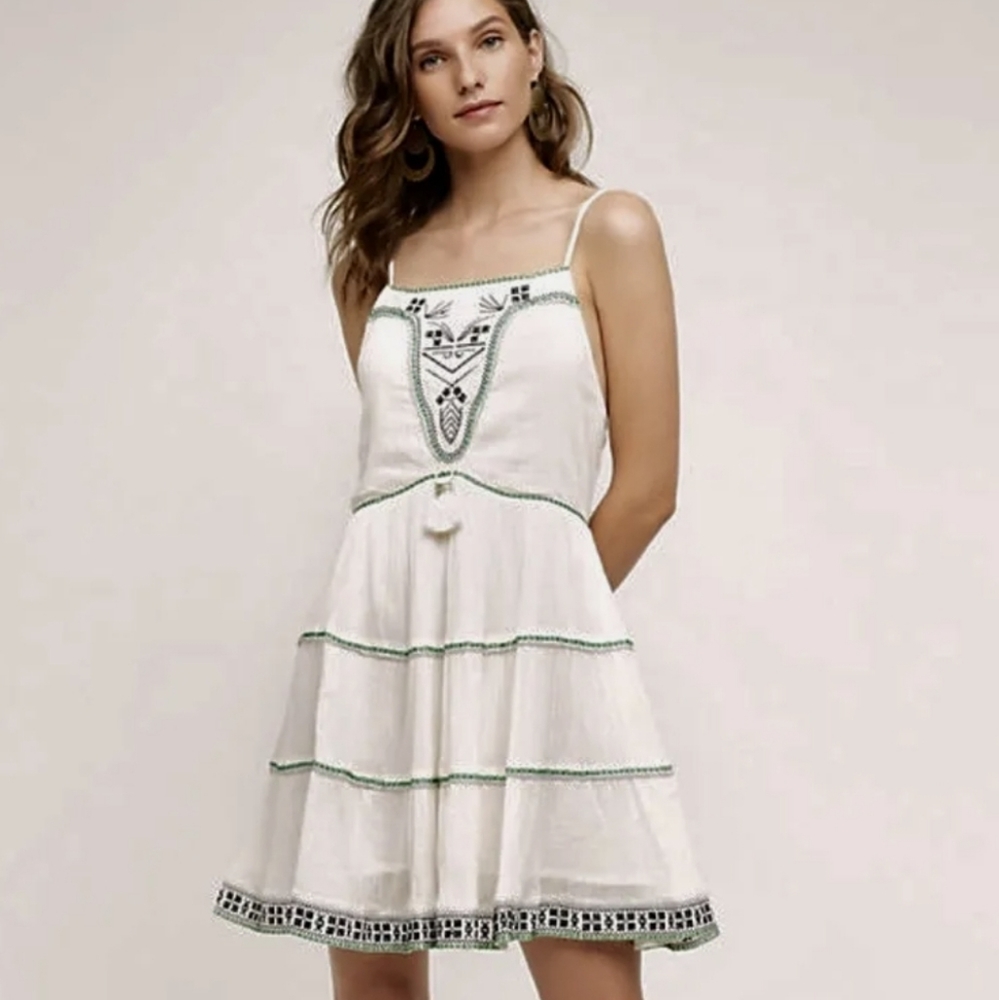 NWT Anthropologie Flannel Tiered Embroidered Tassel Dress sz 3 Large